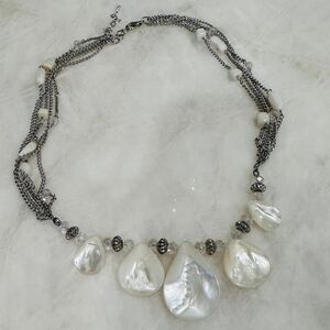 Silver-Tone Multi-Strand Necklace with Mother of Pearl Style Teardrop Drops